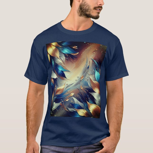 Camiseta Abstrata Folhas Azuis e Cobre (Frente)