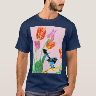 Camiseta Abstrato Blue Wren e Tulipas pintando no pino páli