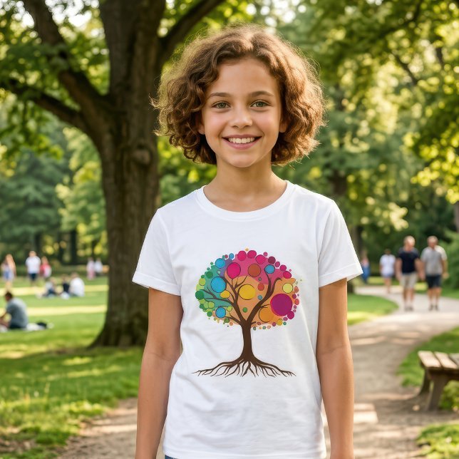 Camiseta Abstrato com raízes e folhas coloridas. (Abstract tree with roots and colorful leaves. Girl Basic White T-Shirt)