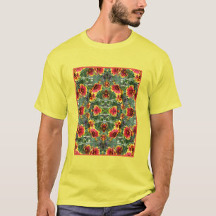 Camiseta Abstrato de Flores de Margarida Vermelhas e Amarel