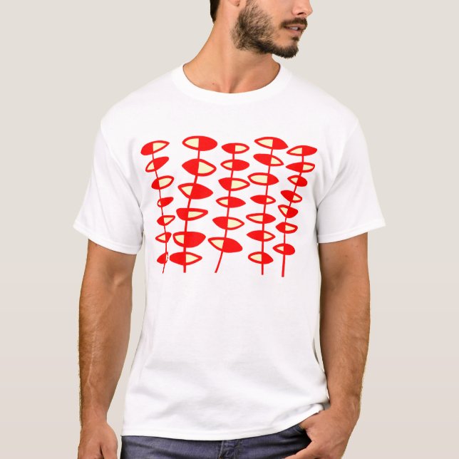 Camiseta Abstrato de Folhas Alternativas - Vermelho e Creme (Frente)