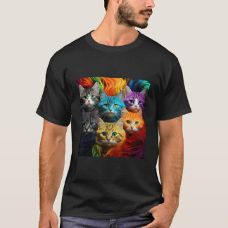 Camiseta Abstrato de Gatos Arco-Íris