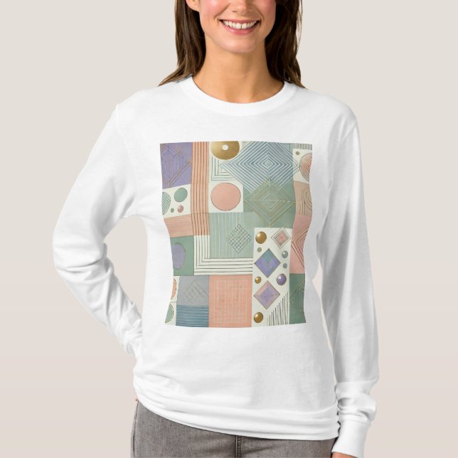 Camiseta Abstrato Design Pastel Geométrico Capa Longa-T-Shi (Frente)