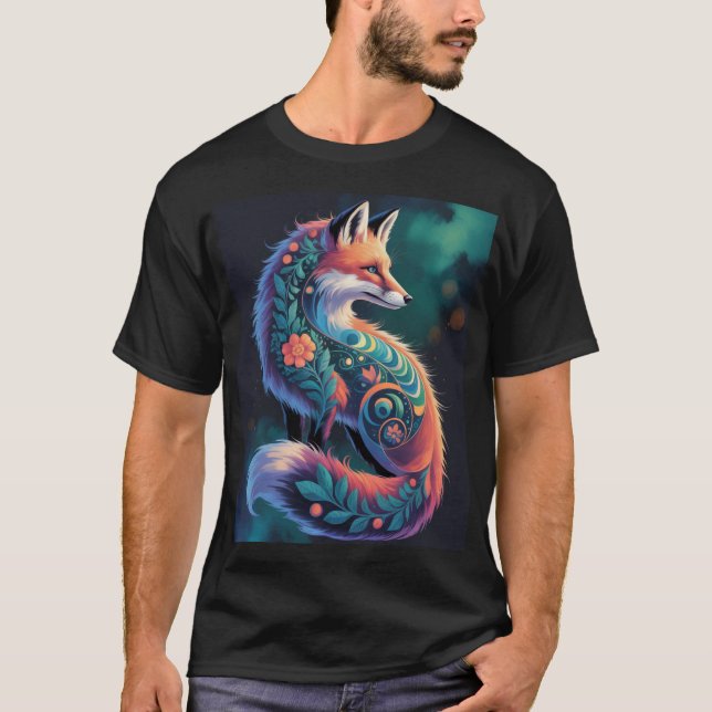 Camiseta Abstrato Floral Fox Art | Fox de Ornamentado vibra (Frente)