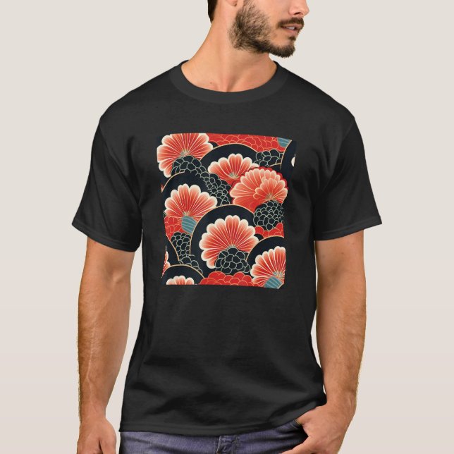 Camiseta Abstrato Floral Pa de de Bloco de Flores Japonês R (Frente)