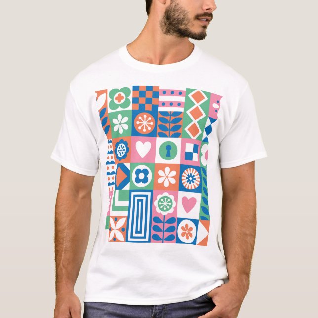 Camiseta Abstrato Floral: Scandinávia Folk Design. (Frente)