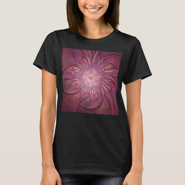 Camiseta Abstrato Modern Floral Arte Fractal Cores de Berry (Frente)