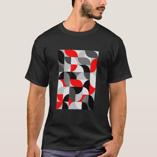 Camiseta Abstrato moderno Arcs Padrão Cinza Vermelha Preta  (Frente)
