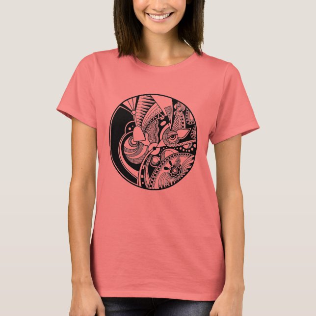 Camiseta Abstrato Negra E Branca, Zendala Em Círculo (Frente)