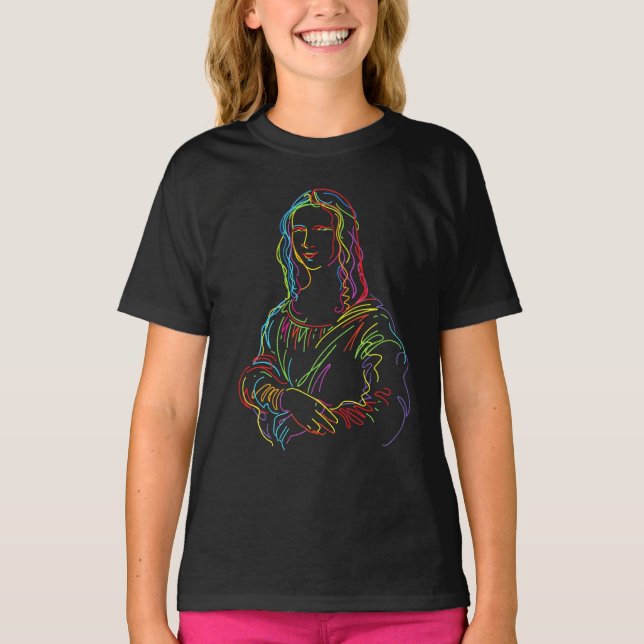 Camiseta Abstrato Neon Mona Lisa Line Art (Frente)