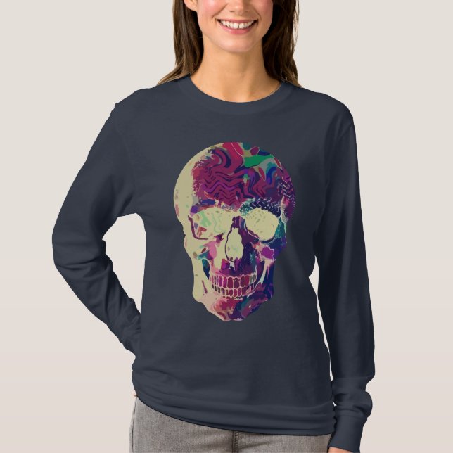 Camiseta Abstrato Neon Skull: Caos Vibrantes (Frente)