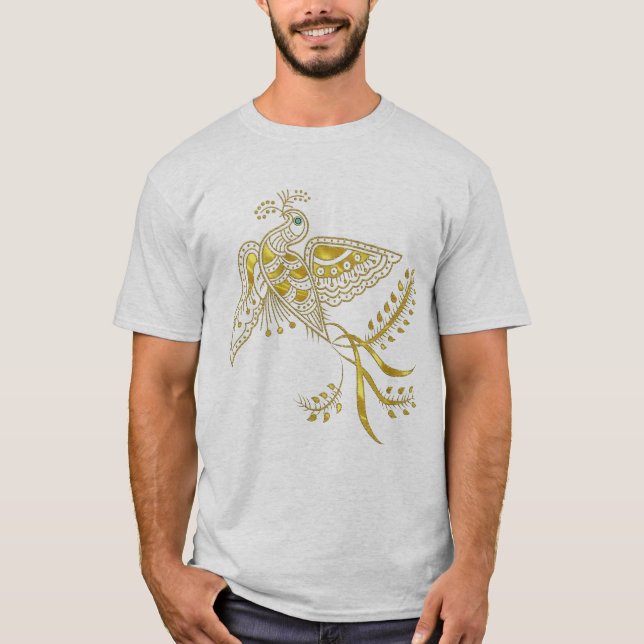 Camiseta Abstrato Phoenix Bird Em Tom Dourado (Frente)