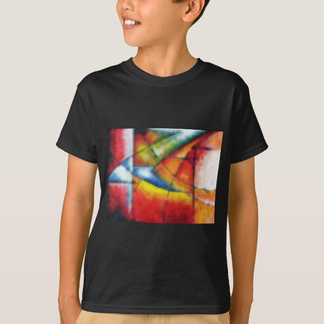 Camiseta abstrato pintando vermelho amarelo azul (Frente)