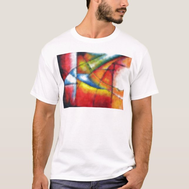 Camiseta abstrato pintando vermelho amarelo azul (Frente)