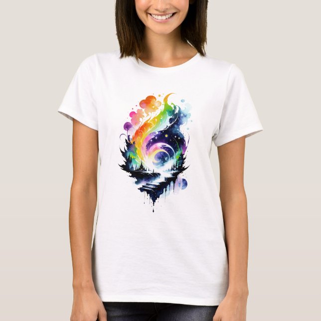 Camiseta Abstrato Rainbow Watercolor Fantasy Landscape (Frente)
