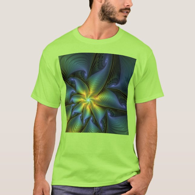 Camiseta Abstrato Star, Ouro Verde brilhante Arte Fractal (Frente)