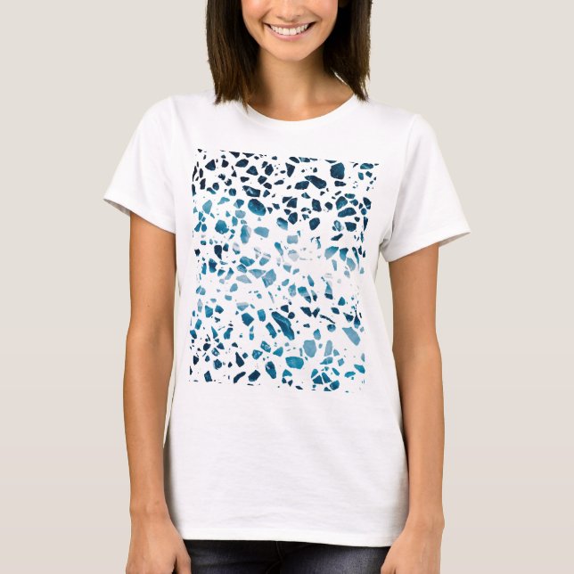 Camiseta Abstrato Terrazzo Mosaico Marinho e padrão azul cl (Frente)