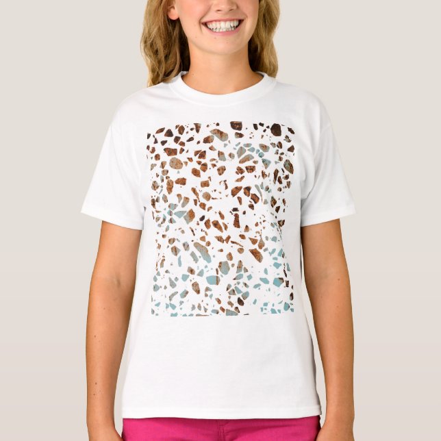 Camiseta Abstrato Terrazzo Mosaico Rust Brown & Blue Padrão (Frente)