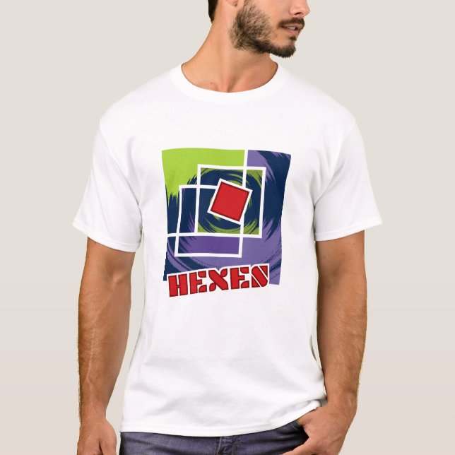 Camiseta Abstrato verde e roxo rebelde quadrados com hexos (Frente)