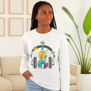 Camiseta Abstrato Violin com Fones de ouvido e Arte Musical