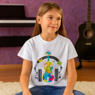 Camiseta Abstrato Violin com Fones de ouvido e Arte Musical