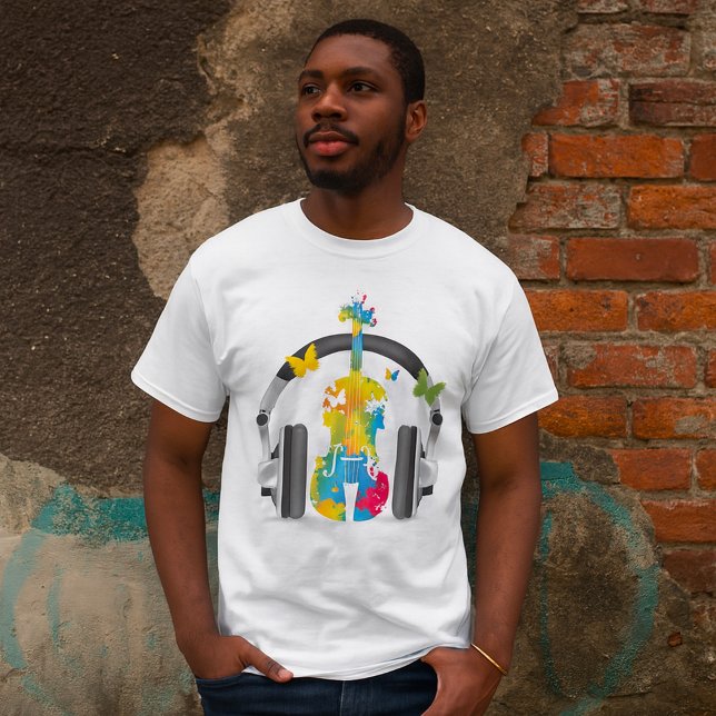 Camiseta Abstrato Violin com Fones de ouvido e Arte Musical (Criador carregado)