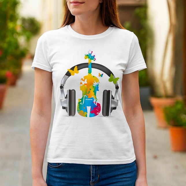 Camiseta Abstrato Violin com Fones de ouvido e Arte Musical (Criador carregado)
