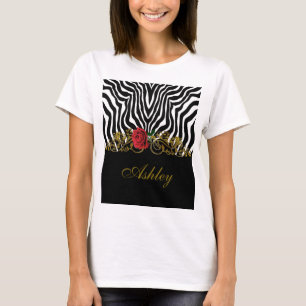 Camiseta Abstrato Zebra Flor Vermelho Negro Branco Dourado