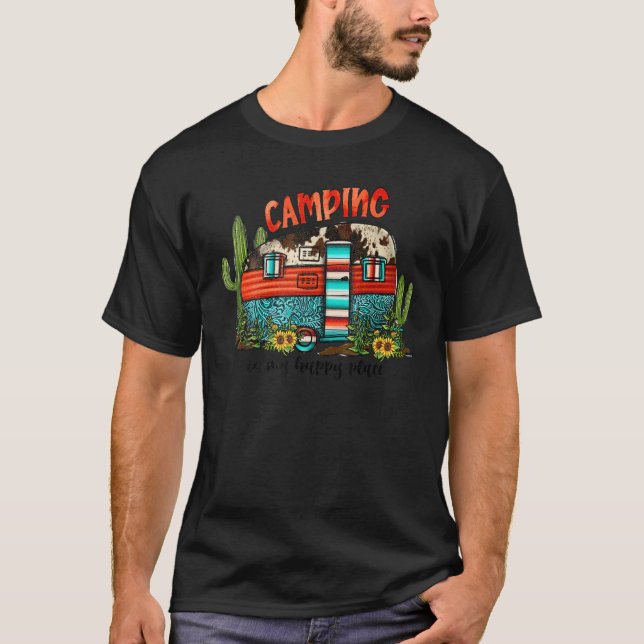 Camiseta Acampamento É Meu Lugar Feliz Acampando Van Cactus (Frente)