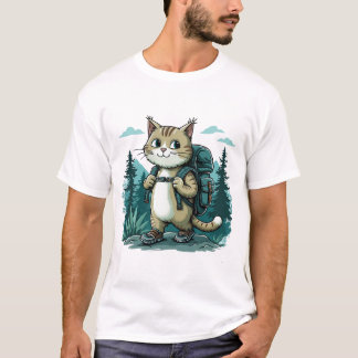Camiseta acampar Cat. Gato bonito vestindo uma mochila engr