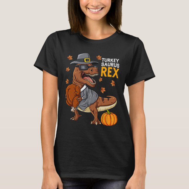 Camiseta Ação de Graças à Turquia Saurus T Rex Pilgrim Dino (Frente)
