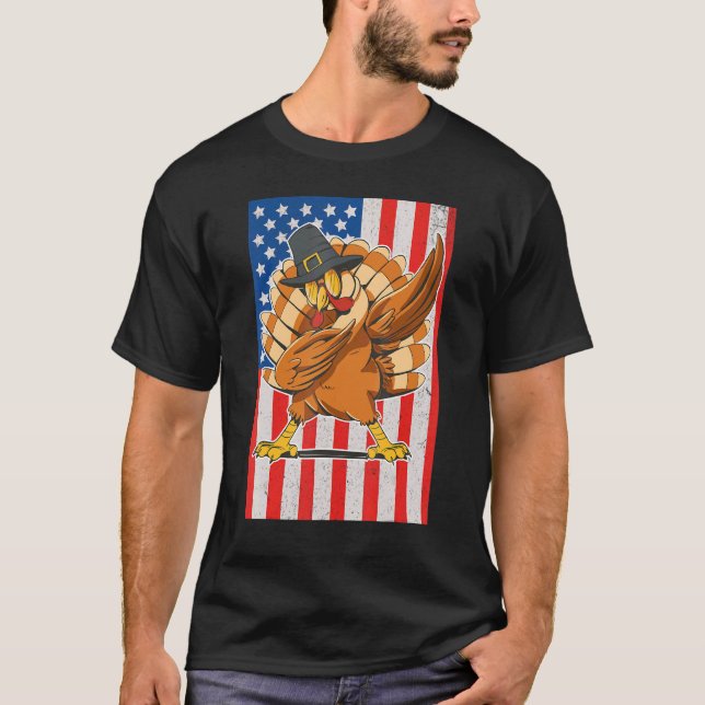 Camiseta Ação de Graças Dabbing Turkey Kids and Adultos Ame (Frente)