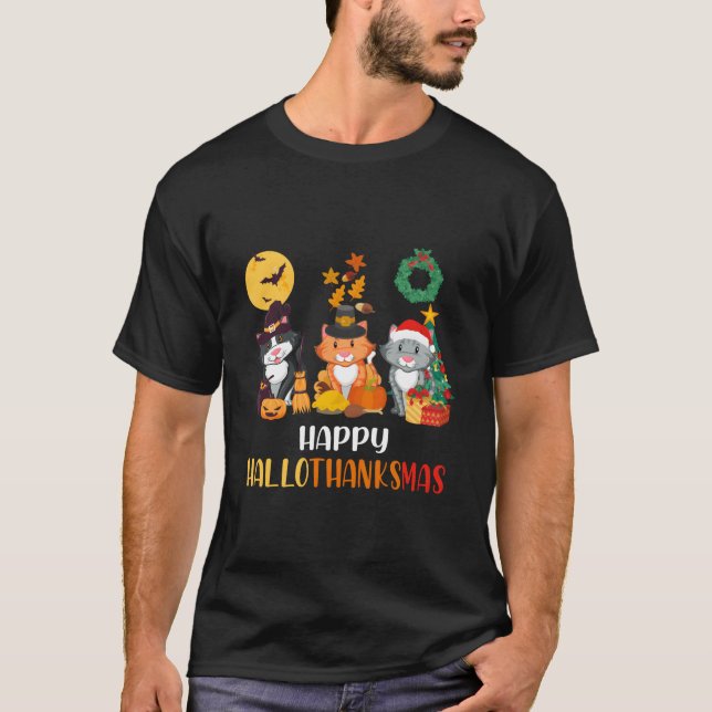 Camiseta Ação de Graças do Cat Halloween Happy Hallothanksm (Frente)