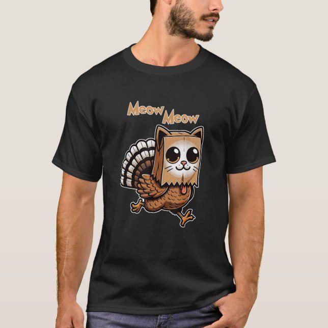 Camiseta Ação de Graças Gato Falso Engraçado Gato Miow Ação (Frente)
