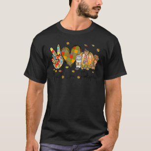 Camiseta Ação de Graças Paz Amor Outono Temporada Café Abób