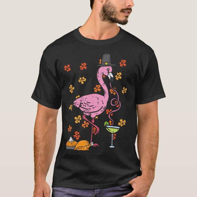 Camiseta Ação de Graças Pilgrim Flamingo Queda Homens do ou (Frente)