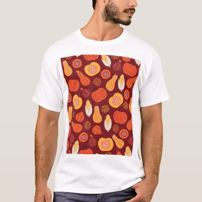 Camiseta Ação de Graças Pumpkin Brown Seamless Pattern. (Frente)