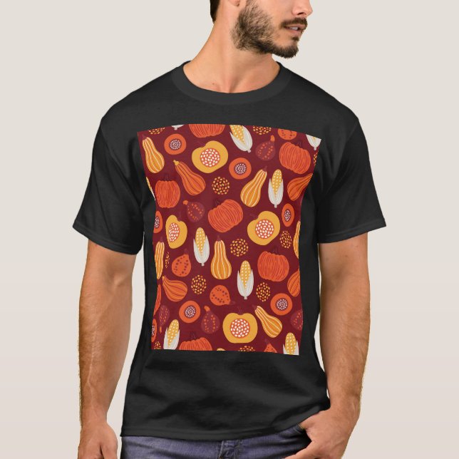 Camiseta Ação de Graças Pumpkin Brown Seamless Pattern. (Frente)