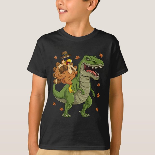 Camiseta Ação de Graças Turquia Andando em T Rex Dinosaur T (Frente)