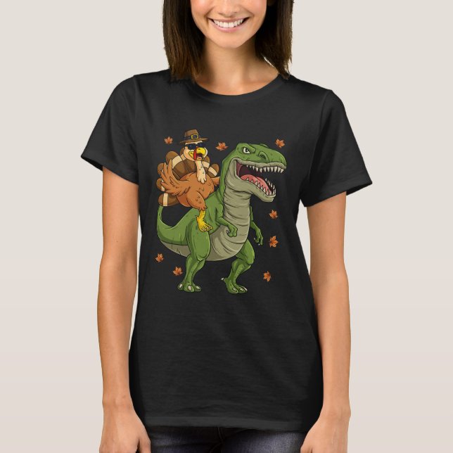 Camiseta Ação de Graças Turquia Andando em T Rex Dinosaur T (Frente)