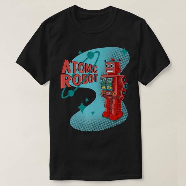 Camiseta Ação Retrofuturística do Robô Espacial Atômico Vin (Frente do Design)