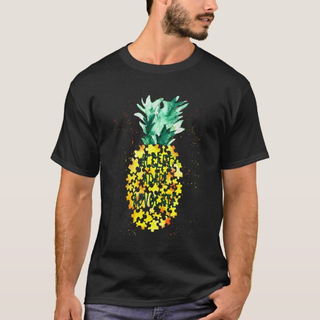 Camiseta Aceitar Adaptar Defender Abacaxi Peça Puzzle Autis (Frente)