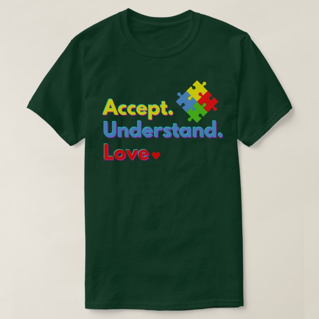 Camiseta Aceitar Compreender Design de Consciência do Autis (Frente do Design)