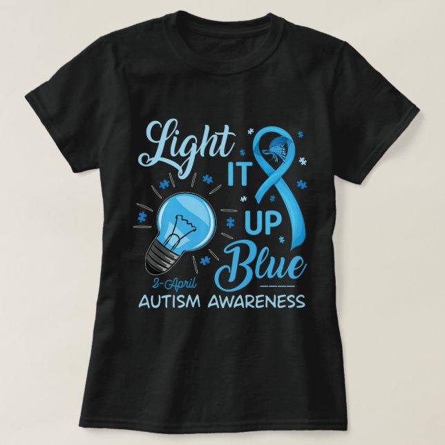 Camiseta Acenda-o Autismo Azul Sensibilização Homens Quebra (Frente do Design)