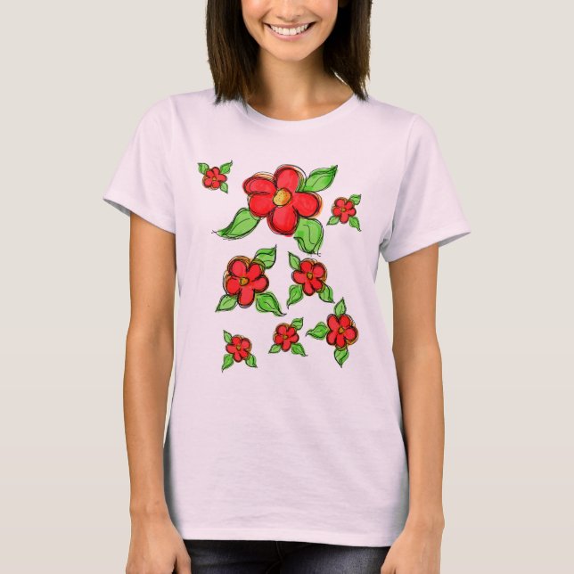 Camiseta Acento De Flor Vermelho Artsy Bright (Frente)