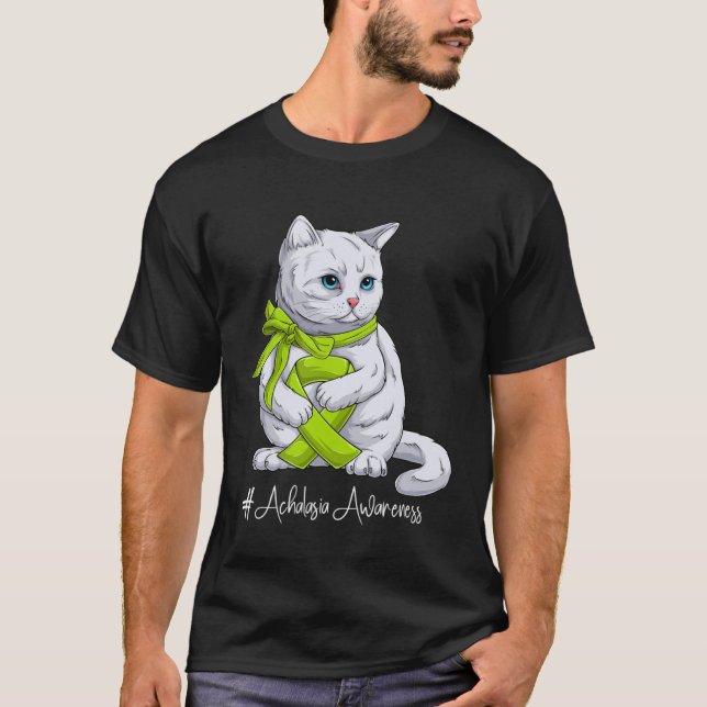 Camiseta Achalasia Awareness Month Lime Green Ribbon Cat (Frente)