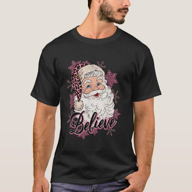 Camiseta Acredite em Leopard Santa Cláusula Neve Feliz Nata (Frente)