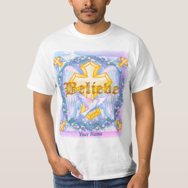 Camiseta Acredite em T-Shirt Dourado da Cruz Cristã (Frente)