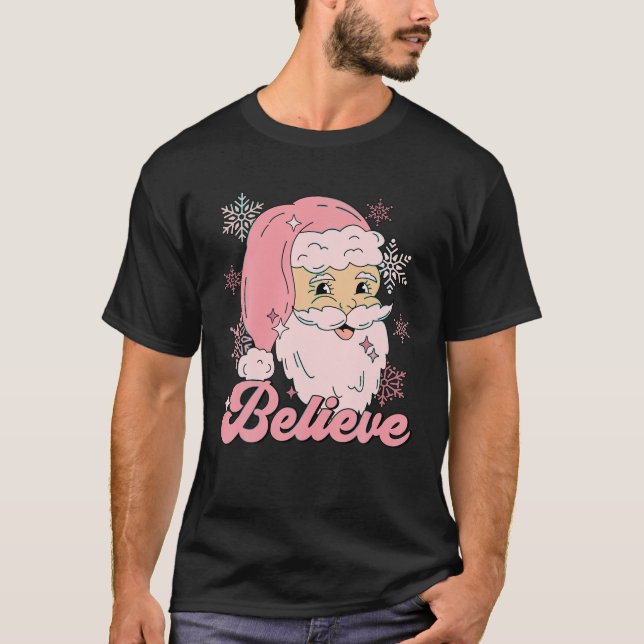 Camiseta Acreditem no Funny Pink Papai Noel Feliz Retro Nat (Frente)