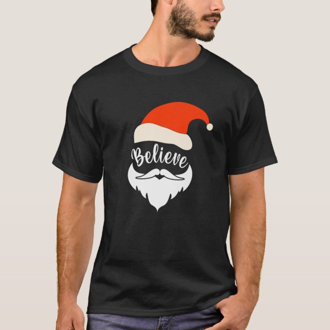 Camiseta Acreditem Papais noeis bigode Natal Santa Hat Bear (Frente)